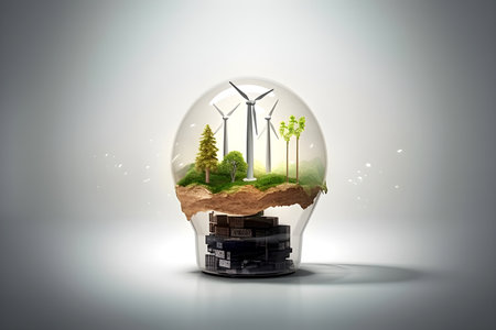 Illustration of wind turbines inside glass sphere - renewable energy concept. Generative AI contentの素材
