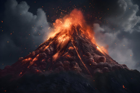 Volcano eruption. Mount with lava and magma. Generative AI contentの素材