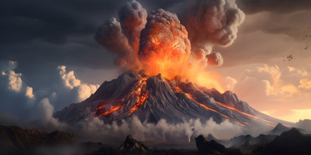 Scenic landscape with volcano eruption. Mount with lava and magma. Generative AI contentの素材