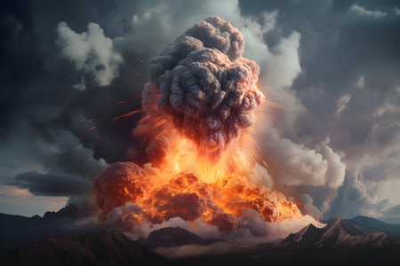 Scenic landscape with volcano eruption. Mount with lava and magma. Generative AI contentの素材