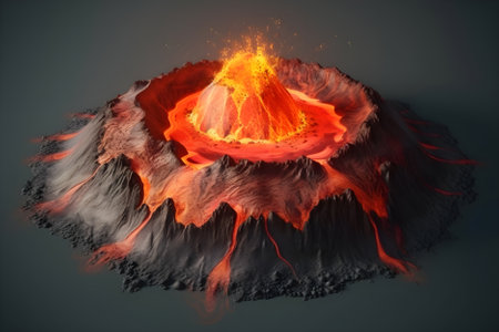 Volcano eruption. Mount with lava and magma. Volcano crater, top view. Generative AI contentの素材