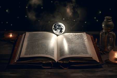 Open pages of old magic book. Astrology, zodiac, esoteric concept. Generative AI contentの素材
