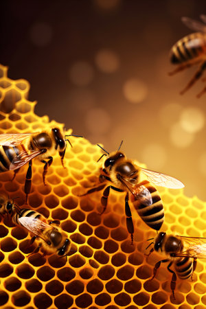 Close up view of the working bees on the honeycomb with sweet honey with copy space. Beekeeping concept. Generative AI contentの素材
