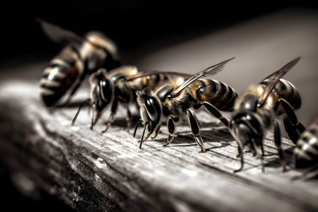 Honey bees sitting on the entrance to the hive. Beekeping concept.の素材