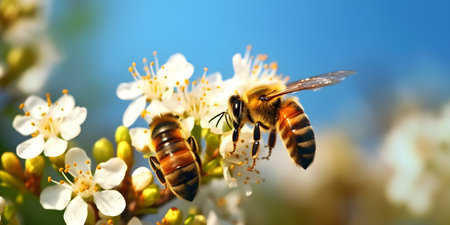 Bees collecting nectar on flowers against blue sky background. Generative AI contentの素材