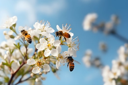 Bees collecting nectar on flowers against blue sky background. Generative AI contentの素材
