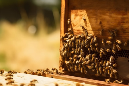 Honey bees sitting on the entrance to the hive. Beekeping concept.の素材