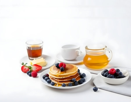 Traditional breakfast with pancakes, honey and berries. White background with copy space. Generative AI contentの素材