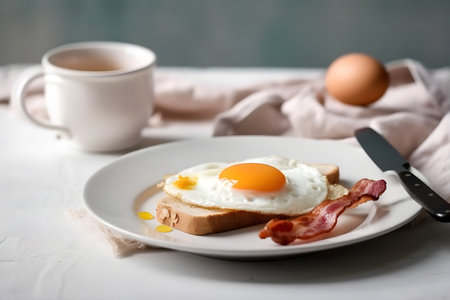 Traditional breakfast with fried eggs, bacon and toast on the plate. Generative AI contentの素材