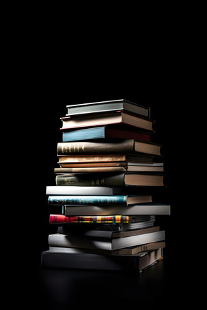 Stack of colorful books isolated on black background with copy space. Back to school and education learning concept. Generative AI contentの素材