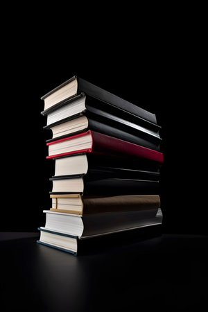 Stack of colorful books isolated on black background with copy space. Back to school and education learning concept. Generative AI contentの素材