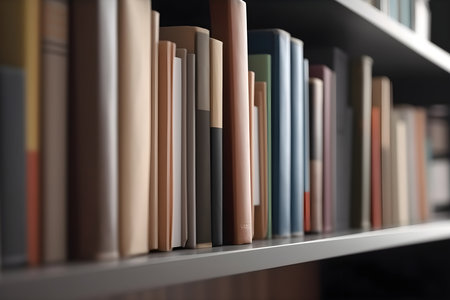 Row of books on a shelf. Back to school and education learning concept. Generative AI contentの素材