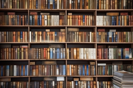 Bookshelves in the library with old books. Education learning concept. Generative AI contentの素材