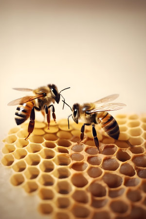 Close up view of the working bees on the honeycomb with sweet honey with copy space. Beekeeping concept. Generative AI contentの素材