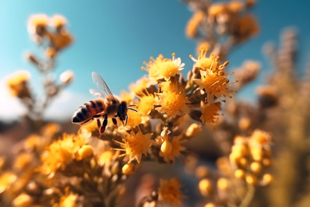 Bees collecting nectar on yellow flowers against blue sky background. Generative AI content