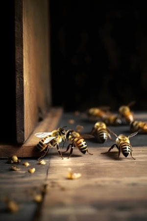 Honey bees sitting on the entrance to the hive. Beekeeping concept. Generative AI contentの素材