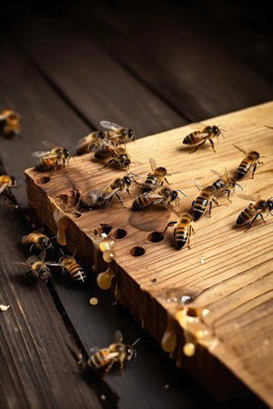 Honey bees sitting on the entrance to the hive. Beekeeping concept. Generative AI contentの素材