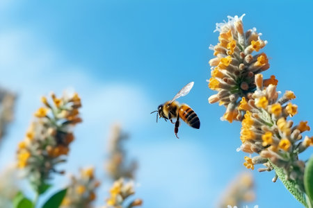 Bees collecting nectar on flowers against blue sky background with copy space. Generative AI contentの素材