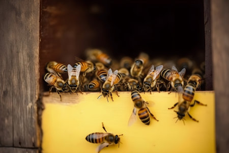 Honey bees sitting on the entrance to the hive. Beekeeping concept. Generative AI contentの素材