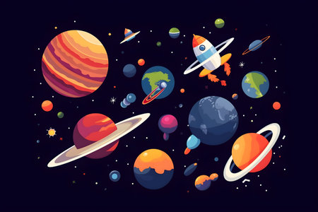 Cartoon illustration Of Space. Space flat background with rocket, planets and stars. Galaxy illustration for kids. Generative AI contentの素材