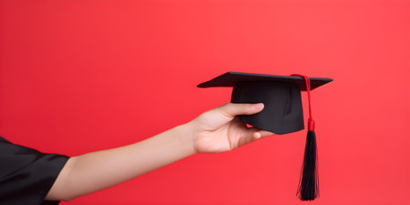 Graduatie in black gown holding a graduation hat on red background. Concept of education, back to school. Generative AI contentの素材