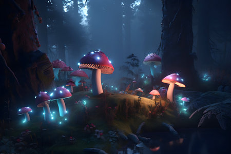Dense dark fantasy forest with big trees and mushrooms. The magical atmosphere of the forest, fairy forest, magic light. Generative AI contentの素材