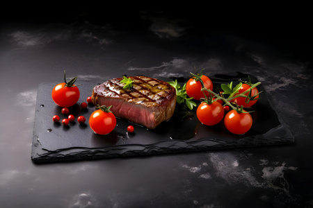 Grilled beef steak with cherry tomatoes on black stone plate. Dark background. Generative AI contentの素材