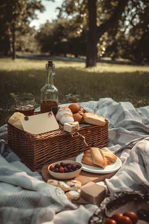 Picnic basket with fruit and bakery on cloth in garden. Generative AI contentの素材