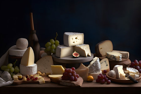 Assortment of cheeses. Various types of cheese on dark background. Generative AI contentの素材