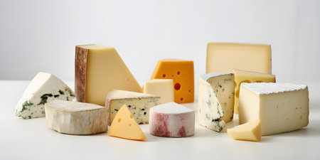 Assortment of cheeses. Various types of cheese on white background. Generative AI contentの素材