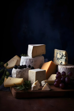 Assortment of cheeses. Various types of cheese on dark background with copy space. Generative AI contentの素材