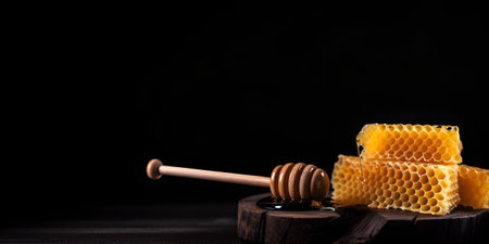 Honey with honeycomb on table. Black background, space for text. Generative AI contentの素材