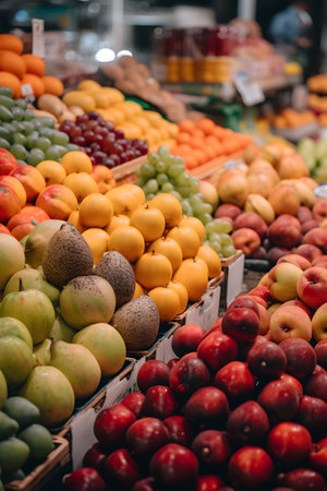 Fruit market with various colorful fresh fruits and vegetables. Generative AI contentの素材