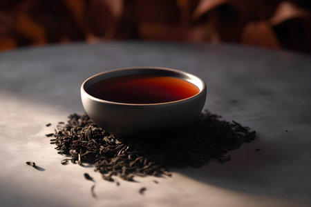 Cup of freshly brewed black tea and dry black tea on dark background with copy space. AI generated.の素材
