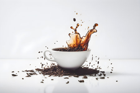 Cup of freshly brewed black tea with splash and dry black tea on white background with copy space. AI generated.の素材