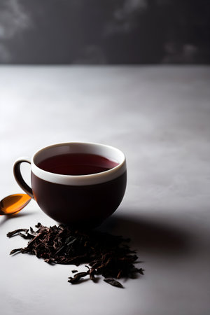 Cup of freshly brewed black tea and dry black tea on dark background with copy space. AI generated.の素材