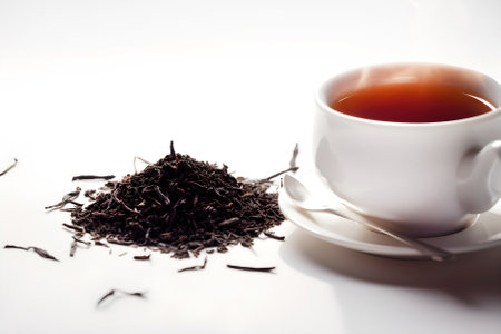 Cup of freshly brewed black tea and dry black tea on white background with copy space. AI generated.の素材