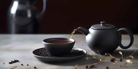 Cup of freshly brewed black tea, teapot and dry black tea on dark background with copy space. AI generated.の素材