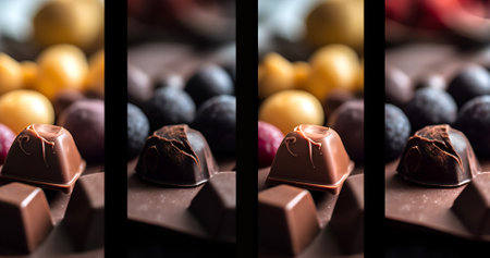 Chocolate candies with various fillings and berries on background. Collage. AI generated.の素材