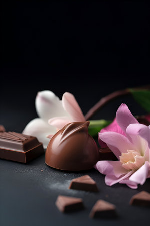 Chocolates closeup on black background with copy space. AI generatedの素材