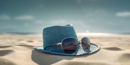 Straw beach sunhat and sun glasses on tha sand. Summer vacancy concept. AI generated.の素材