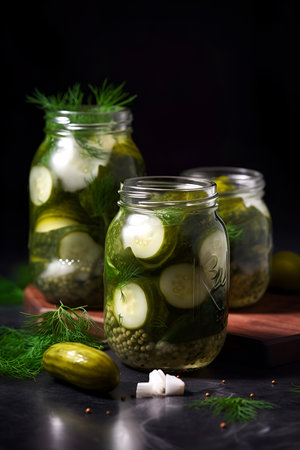 Pickles in glass jars with mustard seeds and dills on black background. Salted cucumbers in jars. AI generatedの素材
