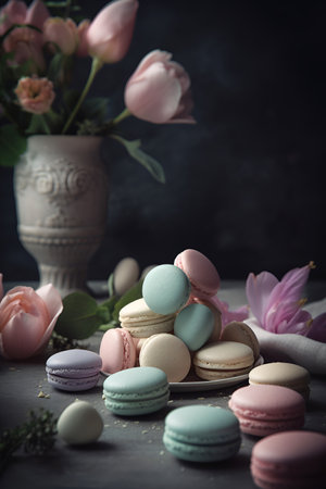 Colorful macarons on the table and vase with flowers on dark background. AI generatedの素材