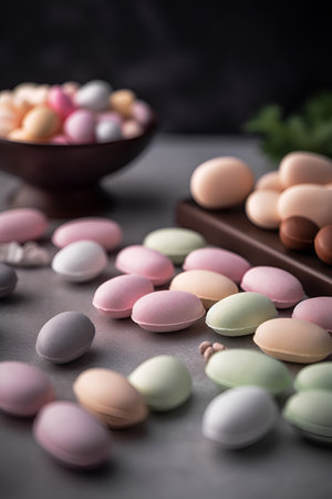 Closeup of colorful candies on the table. AI generatedの素材