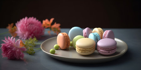 Closeup of colorful macarons on the plate on the table. AI generatedの素材