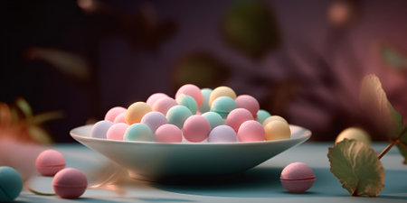 Closeup of colorful bonbons in the bowl on the table. AI generatedの素材