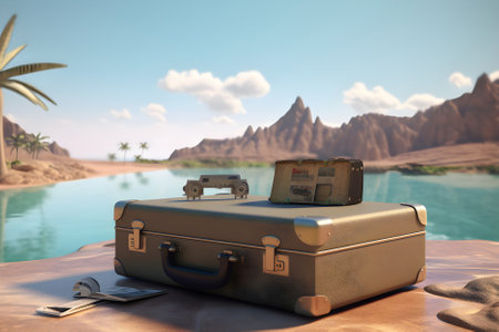 Vintage suitcase on wooden dock. Tropical sea, beach and palm three in background. Summer holiday traveling concept design banner. AI generatedの素材