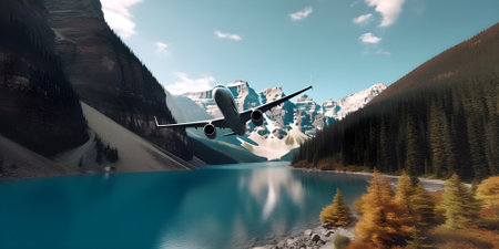 Commercial airplane flying above scenic landscape in beautiful sunset light. Traveling concept design banner. AI generatedの素材