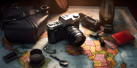 Overhead view of camera and accessories lying on the map. Traveling concept design banner. AI generatedの素材