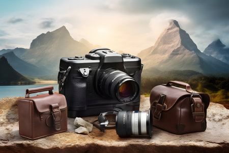 Vintage small suitcases and photo camera on a stone. Mountain in background. Traveling concept design banner. AI generatedの素材